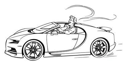 Kleurplaat van een lachende man in een Bugatti-achtige sportwagen.