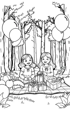 Kleurplaat van twee vrolijke meisjes die een feestje vieren in het bos.
