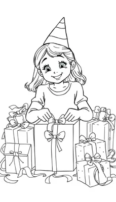 Kleurplaat van een 12-jarig meisje dat cadeaus uitpakt op haar verjaardag.