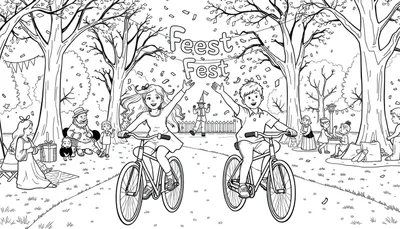 Kleurplaat van een meisje en jongetje die feestelijk fietsen.