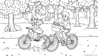 Kleurplaat van een meisje, jongetje en hond die fietsen met een taart.