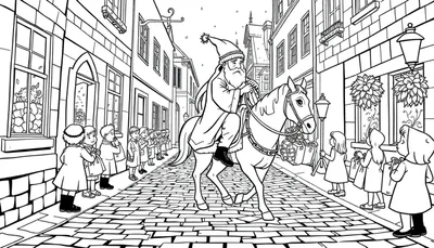 Sinterklaas kleurplaat: Sinterklaas rijdt op zijn paard door de straat, kinderen kijken toe.