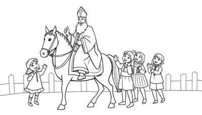 Kleurplaat van een bisschop (Sinterklaas) te paard met kinderen.