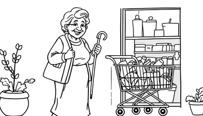 Oma met boodschappenkar en wandelstok kleurplaat.
