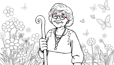 Oma met wandelstok in bloementuin - kleurplaat