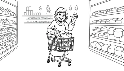 Oma zwaait in de supermarkt, een kleurplaat idee!