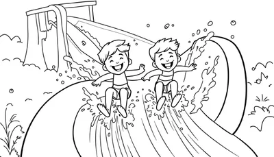 Kleurplaat van twee kinderen die samen van een waterglijbaan gaan.