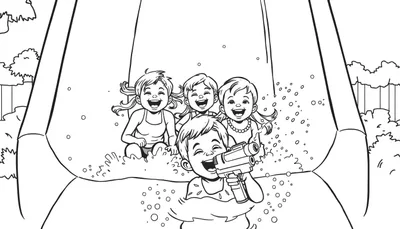 Kleurplaat van vrolijke kinderen op een waterglijbaan met waterpistool.