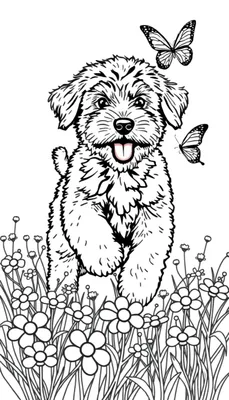 Labradoodle puppy kleurplaat rent door een bloemenveld met vlinders.