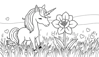 Kleurplaat van een eenhoorn met bloemen en hartjes.