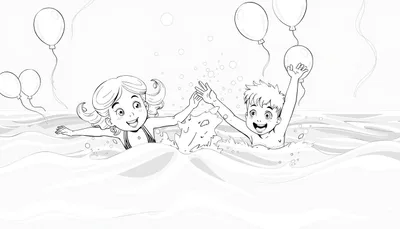 Kleurplaat van een meisje en jongen die zwemmen en spelen met ballonnen.
