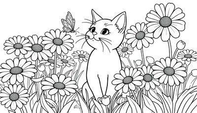 Kleurplaat van een kat in een bloemenveld met een vlinder.