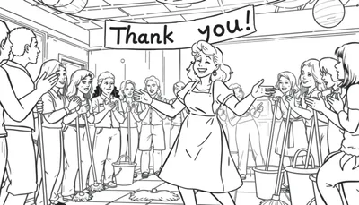 Kleurplaat van een feest voor de poetsvrouw met de tekst 'Thank you!'