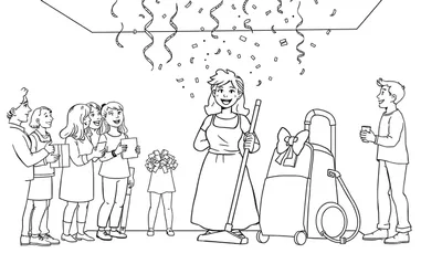 Kleurplaat van een feestje voor de poetsvrouw, met confetti en een stofzuiger met een strik.