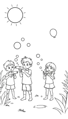 Zomerse kleurplaat van spelende kinderen met waterpistolen en bellenblaas.