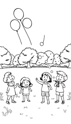 Kleurplaat van spelende kinderen met bellenblaas en waterballonnen in de zomerhitte.