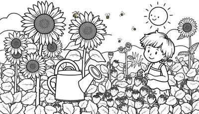 Zomerse tuin kleurplaat met zonnebloemen, meisje, bijen en aardbeien.