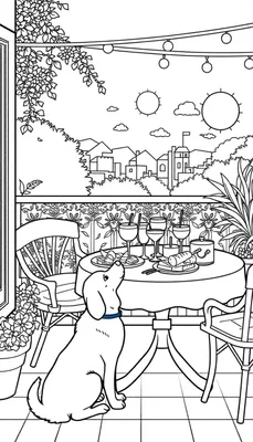 Kleurplaat van een terras met drankjes, hapjes en een hond.
