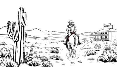 Cowboy kleurplaat te paard in de woestijn