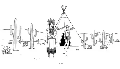 Kleurplaat van een Native American vrouw, cowboy, wigwam en woestijnlandschap.
