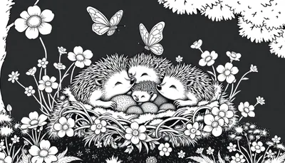 Egel familie kleurplaat in een nest omringd door bloemen en vlinders.