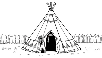 Tipi kleurplaat met hoofdtooi op de voorgrond.