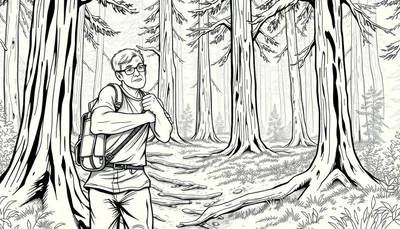 Kleurplaat van een man met een rugzak, vermoedelijk een wandelaar met een schouder uit de kom in het bos.