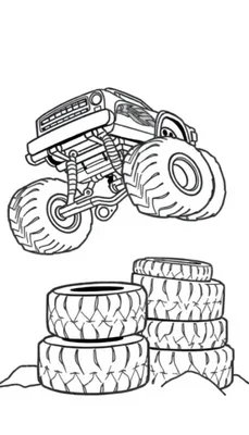 Stoere monstertruck kleurplaat springt over banden!
