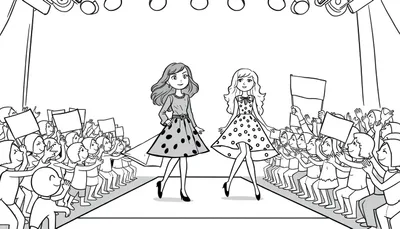Norah en Pip modeshow kleurplaat met modellen op de catwalk.