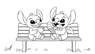 Stitch en Angel kleurplaat op een bankje