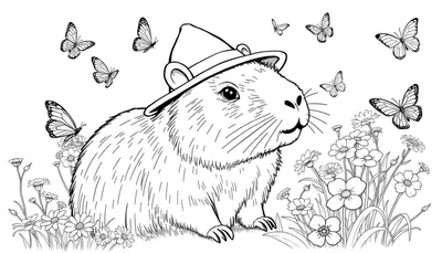Kleurplaat van een capibara met een hoed, omringd door vlinders en bloemen.