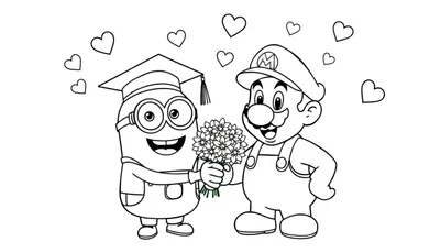 Minion en Mario kleurplaat met harten voor een bedankje.