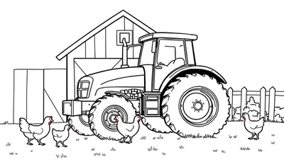 Tractor kleurplaat op de boerderij met kippen.