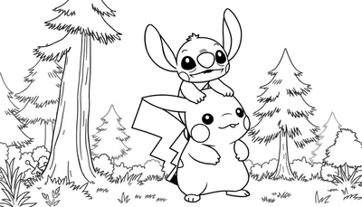 Stitch zit op Pikachu's rug, een leuke kleurplaat!