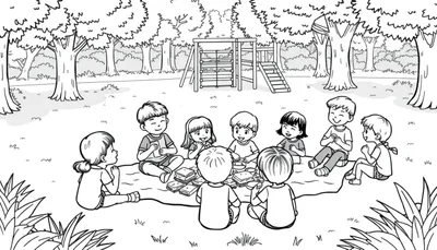 Kleurplaat van vrolijke kinderen die picknicken in het park.