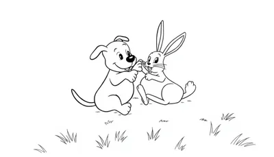 Kleurplaat van een hond en konijn die ruzie maken.
