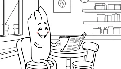 Kleurplaat van een patatje dat koffie drinkt in een café.