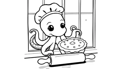 Kleurplaat van een kokende octopus met een taart en deegroller.