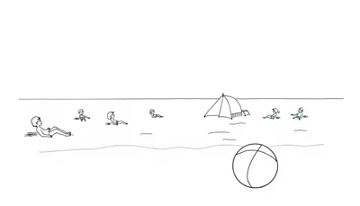 Zomerse strand kleurplaat met zon, zee, mensen en strandspullen.