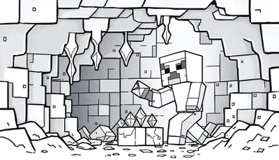 Minecraft kleurplaat van een figuur die diamanten vindt in een grot.