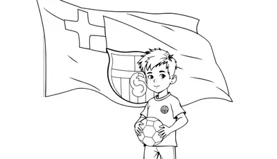 Kleurplaat van een vrolijke jongen met een voetbal en FC Barcelona vlag.