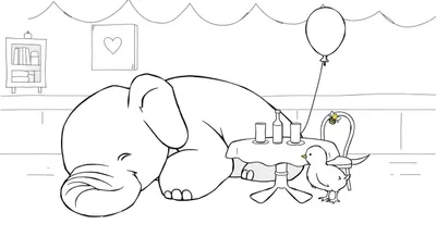 Kleurplaat van een slapende olifant met een kuikentje en bij.