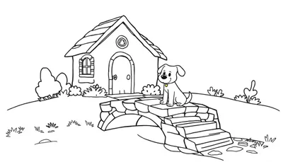 Kleurplaat van een hond bij een klein huisje met een bruggetje.