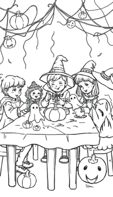 Kleurplaat van kinderen die Halloween knutselen met pompoenen en spoken.