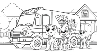 Paw Patrol vrachtwagen kleurplaat met puppy's en hoofdkwartier.