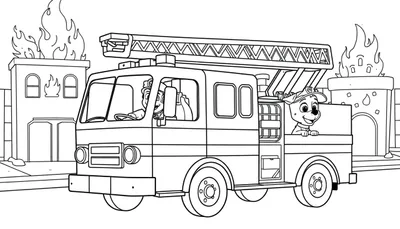 Paw Patrol kleurplaat brandweerauto met honden en brandende gebouwen.
