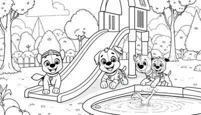 Paw Patrol kleurplaat: Puppy's spelen in het park.