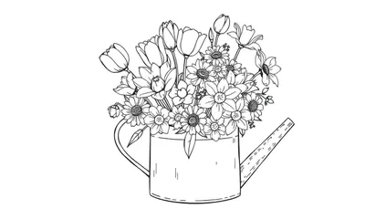 Kleurplaat van een gieter vol bloemen.