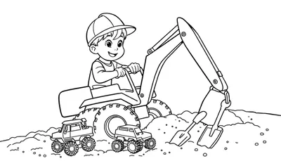 Kleurplaat van een kind in een graafmachine met monstertrucks.