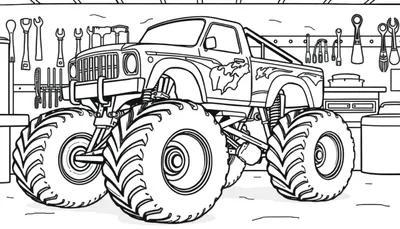 Monstertruck kleurplaat in een garage